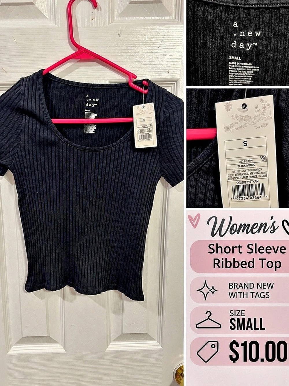 a new day Women'Small Short Sleeve Ribbed T-Shirt Ribbed Top in Black Small